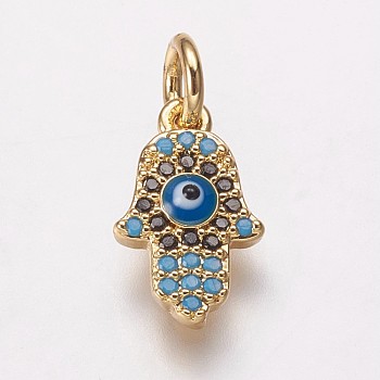 Brass Cubic Zirconia Charms, with Enamel, Hamsa Hand/Hand of Fatima/Hand of Miriam with Evil Eye, Golden, 12x7.5x3mm, Hole: 3mm