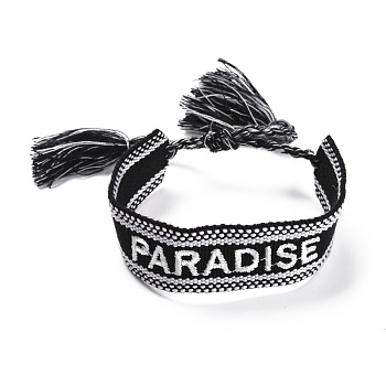 Word Paradise Polycotton(Polyester Cotton) Braided Bracelet with Tassel Charm, Flat Adjustable Wide Wristband for Couple, Black, Inner Diameter: 2~3-1/8 inch(5~8cm)
