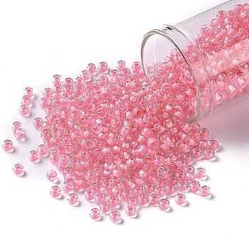 TOHO Round Seed Beads, Japanese Seed Beads, (191B) Opaque Hot Pink-Lined Rainbow Clear, 8/0, 3mm, Hole: 1mm, about 222pcs/10g