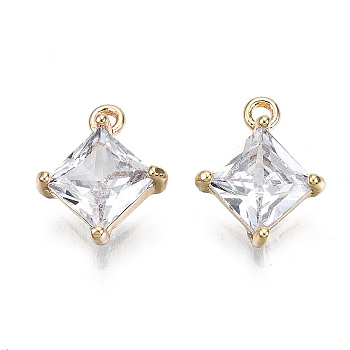 Brass Micro Pave Clear Cubic Zirconia Charms, Nickel Free, Rhombus, Real 18K Gold Plated, 10x8x3mm, Hole: 1mm, Side Length: 6mm