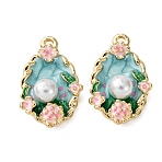Light Gold Tone Alloy Enamel Pendants, with ABS Imitation Pearl, Oval with Flower Charms, Rack Plating, Pink, 24x14.5x6.5mm, Hole: 2mm(ENAM-B028-03KCG-01)