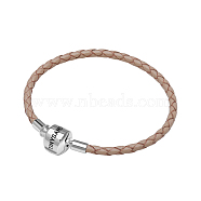 TINYSAND Rhodium Plated 925 Sterling Silver Braided Leather Bracelet Making, with Platinum Plated European Clasp, Light Khaki, 170x3.99mm(TS-B-127-17)