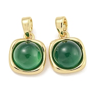 Dyed Natural Green Agate & Brass Square Charms, Real 18K Gold Plated, 13x10.5x6mm, Hole: 5x3mm(KK-Q820-32G)