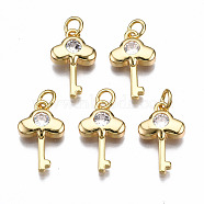 Brass Micro Pave Clear Cubic Zirconia Pendants, with Jump Rings, Nickel Free, Key, Real 18K Gold Plated, 17.5x10.5x3mm, Jump Rings: 5x1mm, 3mm inner diameter(KK-Q277-056-NF)
