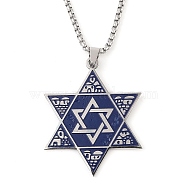 201 Stinless Steel Enamel Box Chain Star of David Pendant Necklaces, Marine Blue, Stainless Steel Color, 23.03 inch(58.5cm)(NJEW-P316-05P)