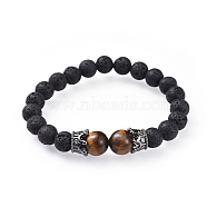Natural Tiger Eye Stretch Bracelets, with Natural Lava Rock Beads and Brass Micro Pave Cubic Zirconia Beads, Crown, Gunmetal, 1-7/8 inch(4.9cm)(BJEW-JB04563-03)