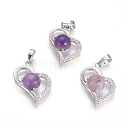 Natural Amethyst Pendants, with Platinum Tone Brass Findings and Crystal Rhinestone, Heart, 29x21.5x9mm, Hole: 7x3.5mm(G-L512-O15)