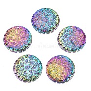 Rainbow Color Alloy Pendants, Cadmium Free & Nickel Free & Lead Free, Flat Round with Flower, 33x2mm, Hole: 1.6mm(PALLOY-N156-152-NR)
