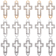 30Pcs 3 Colors Alloy Crystal Rhinestone Connector Charms, Religion Hollow Cross Links, Mixed Color, 22x10.5x2mm, Hole: 2mm, 10pcs/color(ALRI-SC0001-39)