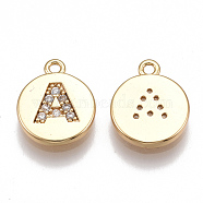 Brass Cubic Zirconia Charms, Flat Round with Letter, Nickel Free, Real 18K Gold Plated, Clear, Letter.A, 12x10x2mm, Hole: 1mm(KK-T038-194G-A)