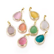 Electroplate Cat Eye Pendants, with Brass Findings, Edge Golden Plated, Faceted, Teardrop, Mixed Color, 28.5~29.5x20.5x4.5mm, Hole: 5.5x7.5mm(CE-K003-C)