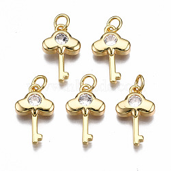 Brass Micro Pave Clear Cubic Zirconia Pendants, with Jump Rings, Nickel Free, Key, Real 18K Gold Plated, 17.5x10.5x3mm, Jump Rings: 5x1mm, 3mm inner diameter(KK-Q277-056-NF)