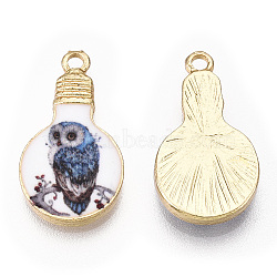 Printed Alloy Enamel Pendants, Lead Free & Nickel Free & Cadmium Free, Light Gold, Light Bulb Charm, Owl Pattern, 22x12x2.5mm, Hole: 1.8mm(ENAM-N056-178-12)