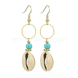 Natural Shell & Synthetic Turquoise Dangle Earrings, Alloy Ring Long Drop Earrings, Golden, 61x14mm(EJEW-TA00324)