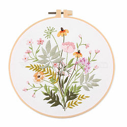 DIY Flower & Leaf Pattern Embroidery Kits, Including Printed Cotton Fabric, Embroidery Thread & Needles, Imitation Bamboo Embroidery Hoop, White, 20x20cm(SENE-PW0005-004C)