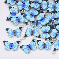 Printed Alloy Pendants, with Enamel, Butterfly, Platinum, Dodger Blue, 13.5x20x2mm, Hole: 1.6mm(X-PALLOY-R111-16A)