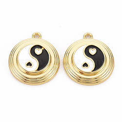 Rack Plating Light Gold Alloy Enamel Pendants, Cadmium Free & Lead Free, Flat Round with Yin Yang, Black, 20x18x3.5mm, Hole: 1.6mm(ENAM-Q444-012C-RS)