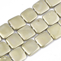 Spray Painted Shell Pearl Beads Strands, Square, Dark Khaki, 15x15x3.5mm, Hole: 0.8mm, about 24pcs/Strand, 14.57 inch(37cm)(SSHEL-R045-03B-01)