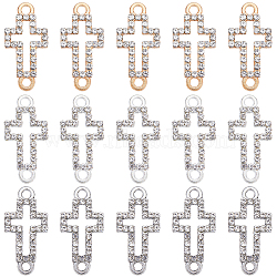 30Pcs 3 Colors Alloy Crystal Rhinestone Connector Charms, Religion Hollow Cross Links, Mixed Color, 22x10.5x2mm, Hole: 2mm, 10pcs/color(ALRI-SC0001-39)