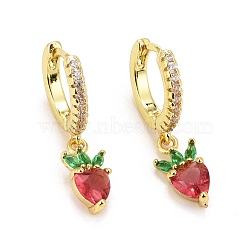 Rack Plating Brass Micro Pave Cubic Zirconia Huggie Hoop Earrings, Dangle Earrings, Long-Lasting Real 18K Gold Plated, Lead Free & Cadmium Free, Strawberry, Real 18K Gold Plated, 25mm, Pin: 0.7mm(EJEW-F278-11G)