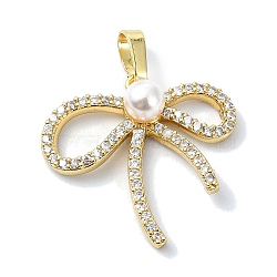 Rack Plating Brass Pave Cubic Zirconia Pendants, with Plastic Imitation Pearl  Beads, Bowknot, Long-Lasting Plated, Lead Free & Cadmium Free, Real 18K Gold Plated, 21x22.5x6mm, Hole: 3.5x5.3mm(KK-M282-24G)