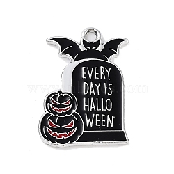 Halloween Alloy Enamel Pendants, Platinum, Tombstone with Pumpkin, 26x18.5x1.3mm, Hole: 2mm(FIND-B036-03D)