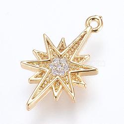 Brass Micro Pave Cubic Zirconia Pendants, Star, Golden, 18x10x2mm, Hole: 1mm(ZIRC-G116-07G)