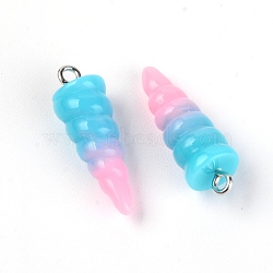 Resin Pendants, with Platinum Iron Peg Bail, Two Tone, Unicorn Horn, Deep Sky Blue, 29x10x9.5mm, Hole: 1.8mm(RESI-WH0014-46B)