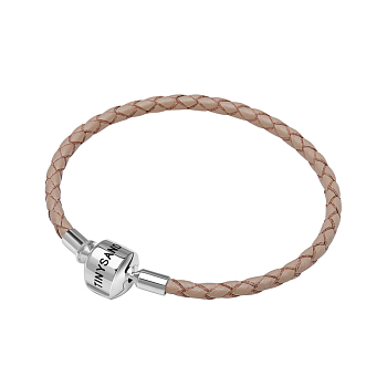 TINYSAND Rhodium Plated 925 Sterling Silver Braided Leather Bracelet Making, with Platinum Plated European Clasp, Light Khaki, 170x3.99mm