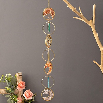 Natural Mixed Gemstone Wind Chime, with Glass Beads and Iron Findings, Ring & Tree, Golden, 630mm