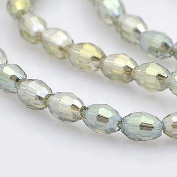 Full Rainbow Plated Glass Faceted Rice Beads Strands, Khaki, 6x4mm, Hole: 1mm, about 72pcs/strand, 16 inch