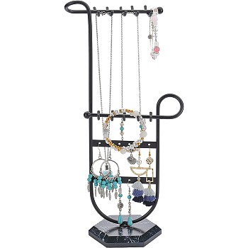 1 Set Iron Storage Jewelry Rack, Jewelry Display Holder with Black Hexagon Shaped Plastic Base, for Earrings, Necklaces, Bracelets, Electrophoresis Black, 18x9.2x34.5cm