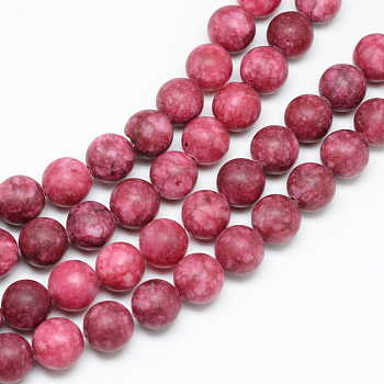 Natural White Jade Bead Strands, Dyed, Frosted, Round, Indian Red, 8~9mm, Hole: 1mm, about 46~48pcs/strand, 14.9 inch