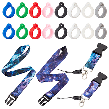 2 Strands Mobile Straps, Including Adjustable Polyester Neck Lanyard, with 16Pcs Silicone Pendant, Mixed Color, Neck Lanyard: 820x24x0.5mm, 2 starnds; Pendant: Inner Diameter: 13mm, 16pcs