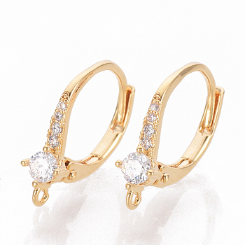 Brass Cubic Zirconia Leverback Earring Findings, with Loop, Real 18K Gold Plated, Clear, 17x12x4mm, Hole: 1mm, Pin: 0.7mm