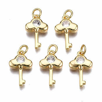 Brass Micro Pave Clear Cubic Zirconia Pendants, with Jump Rings, Nickel Free, Key, Real 18K Gold Plated, 17.5x10.5x3mm, Jump Rings: 5x1mm, 3mm inner diameter