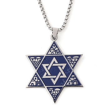 201 Stinless Steel Enamel Box Chain Star of David Pendant Necklaces, Marine Blue, Stainless Steel Color, 23.03 inch(58.5cm)