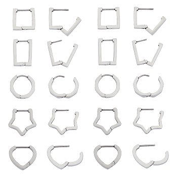 304 Stainless Steel Huggie Hoop Earrings, Heart/Star/Square/Ring/Rectangle, Stainless Steel Color, 5pairs/box