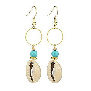 Natural Shell & Synthetic Turquoise Dangle Earrings, Alloy Ring Long Drop Earrings, Golden, 61x14mm