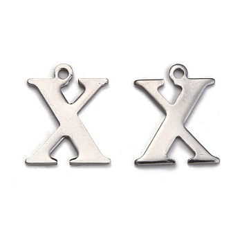 304 Stainless Steel Alphabet Charms, Stainless Steel Color, Letter.X, 12x10x1mm, Hole: 1mm