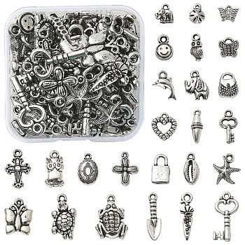 20g CCB Plastic Beads, for DIY Jewelry Making, Lock & flower & Umbrella& Key & Angel & Leaf & Butterfly & Dolphin & Starfish & Ladybird, Antique Silver, 10~30x7~17x1~8mm, Hole: 1.2~4mm