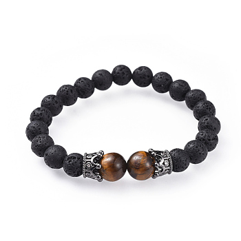 Natural Tiger Eye Stretch Bracelets, with Natural Lava Rock Beads and Brass Micro Pave Cubic Zirconia Beads, Crown, Gunmetal, 1-7/8 inch(4.9cm)