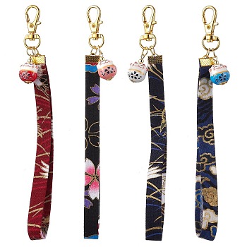 Japanese Polyester Wristband Pendant Decoration, Lucky Cat Porcelain and Swivel Lobster Claw Clasps Charms for Bag Ornaments, Mixed Color, 167mm