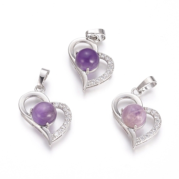 Natural Amethyst Pendants, with Platinum Tone Brass Findings and Crystal Rhinestone, Heart, 29x21.5x9mm, Hole: 7x3.5mm