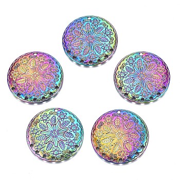 Rainbow Color Alloy Pendants, Cadmium Free & Nickel Free & Lead Free, Flat Round with Flower, 33x2mm, Hole: 1.6mm