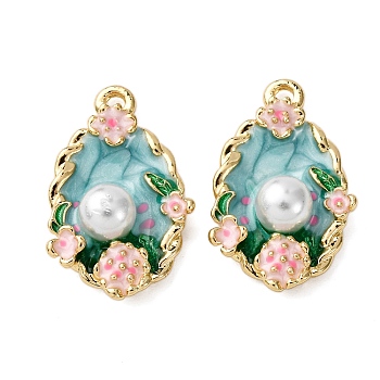 Light Gold Tone Alloy Enamel Pendants, with ABS Imitation Pearl, Oval with Flower Charms, Rack Plating, Pink, 24x14.5x6.5mm, Hole: 2mm