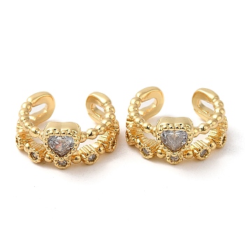 Rack Plating Brass Micro Pave Cubic Zirconia Heart Cuff Earrings, Non Piercing Earrings, Cadmium Free & Lead Free, Real 18K Gold Plated, 14.5x14.5x7mm