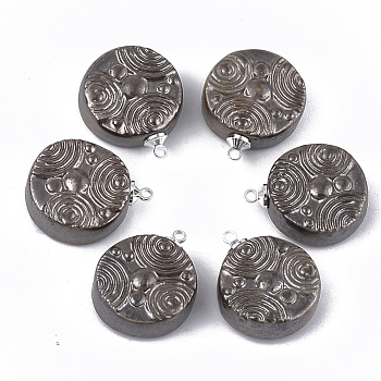Handmade Porcelain Pendants, Bright Glazed Porcelain, with Brass Findings, Flat Round, Platinum, Coconut Brown, 23x19x8mm, Hole: 1.5mm