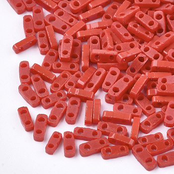 2-Hole Opaque Glass Seed Beads, Rectangle, Red, 4.5~5x2x1~1.5mm, Hole: 0.5~0.8mm