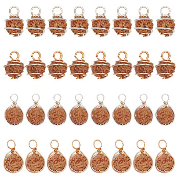 40Pcs 4 Styles Natural Rudraksha Copper Wire Wrapped Pendants, Barrel Charms, Undyed, Mixed Color, 15~22x10~12x9~11mm, Hole: 3~4mm, 10pcs/style